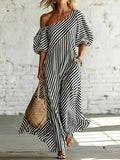 Layla - Striped Off Shoulder Puff Sleeve Maxi Dress