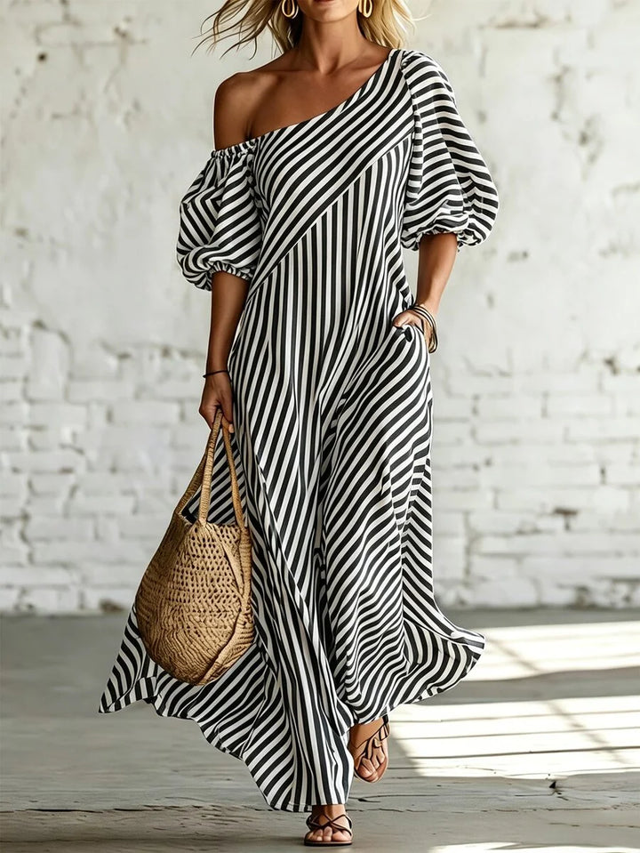 Layla - Striped Off Shoulder Puff Sleeve Maxi Dress