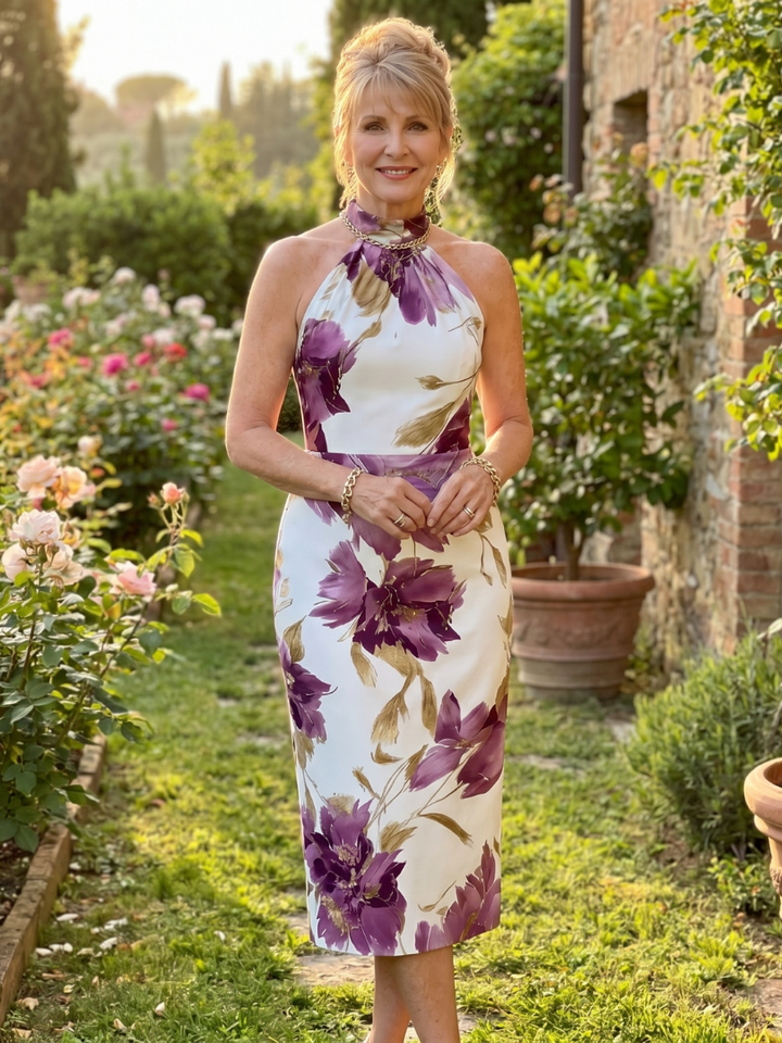 Zinnara - Halter Neck Floral Print Midi Dress