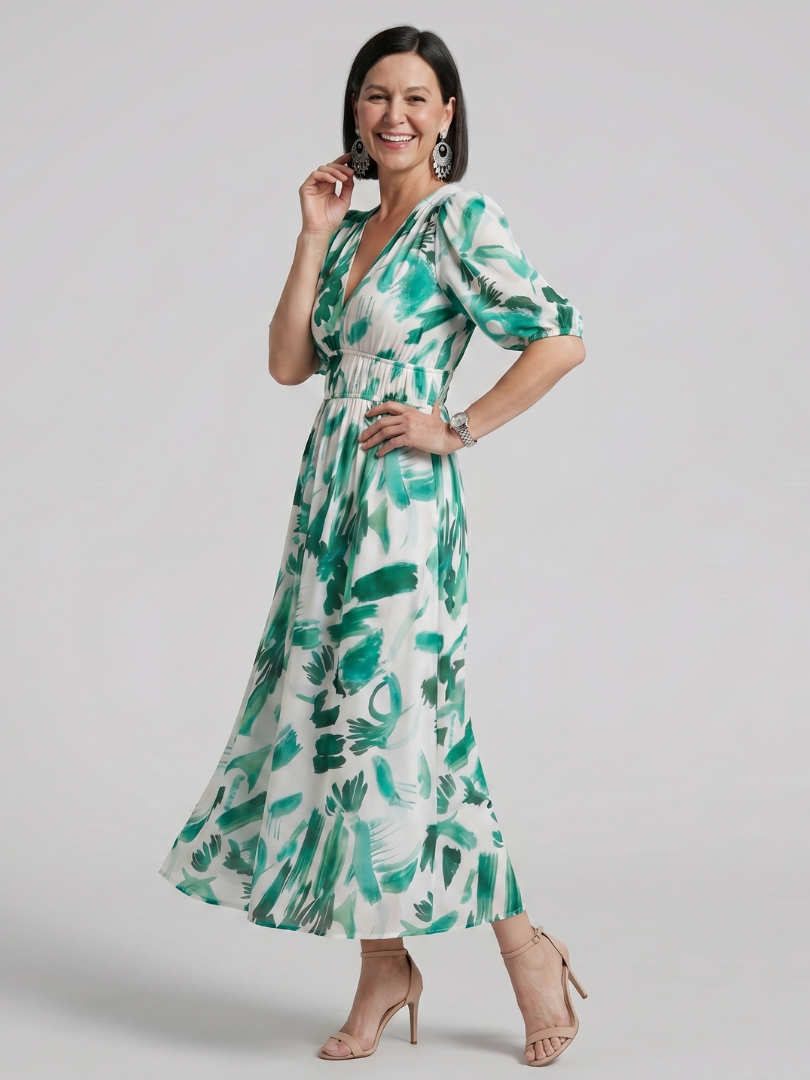 Candlia - Puff Sleeve V Neck Abstract Print Midi Dress