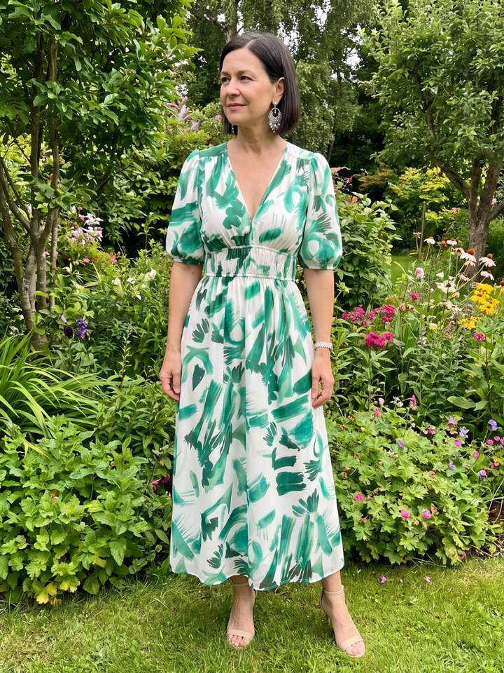 Candlia - Puff Sleeve V Neck Abstract Print Midi Dress