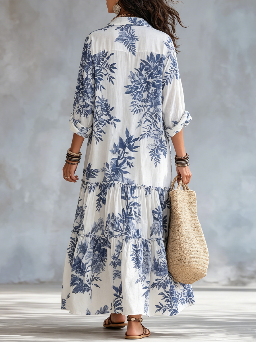 Dahlia - Bohemian Blue Floral Button-Down Tiered Maxi Dress