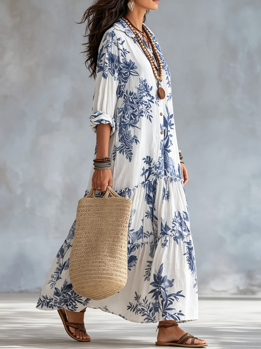 Dahlia - Bohemian Blue Floral Button-Down Tiered Maxi Dress