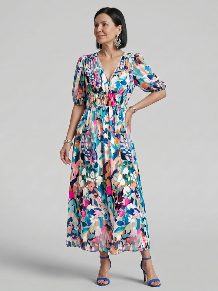 Candlia - Puff Sleeve V Neck Abstract Print Midi Dress