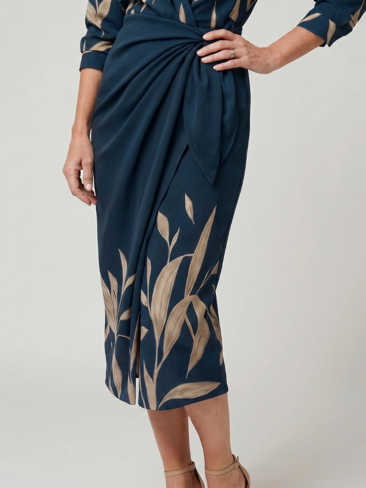 Leya - Long Sleeve Collared Wrap Stripe Pattern Midi Dress
