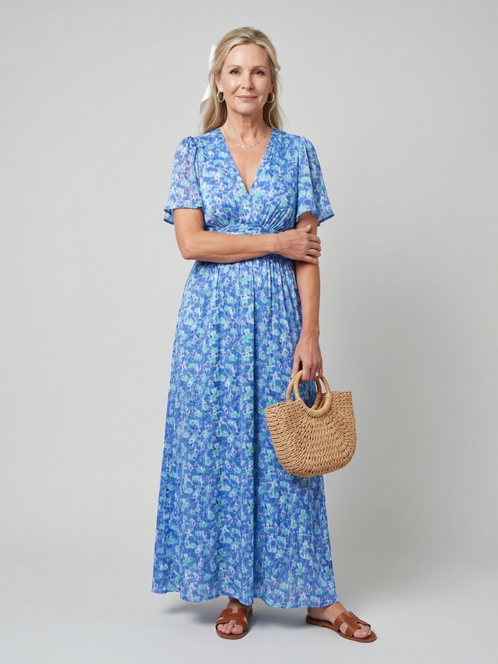 Juna - Short Sleeve Ditsy Floral Print Midi Dress