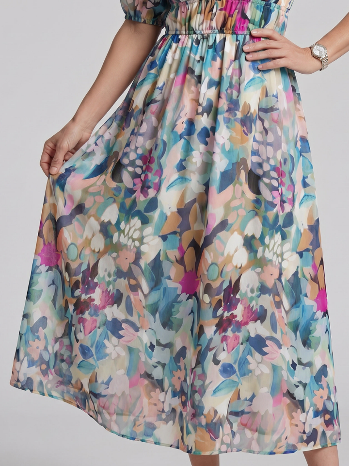 Candlia - Puff Sleeve V Neck Abstract Print Midi Dress
