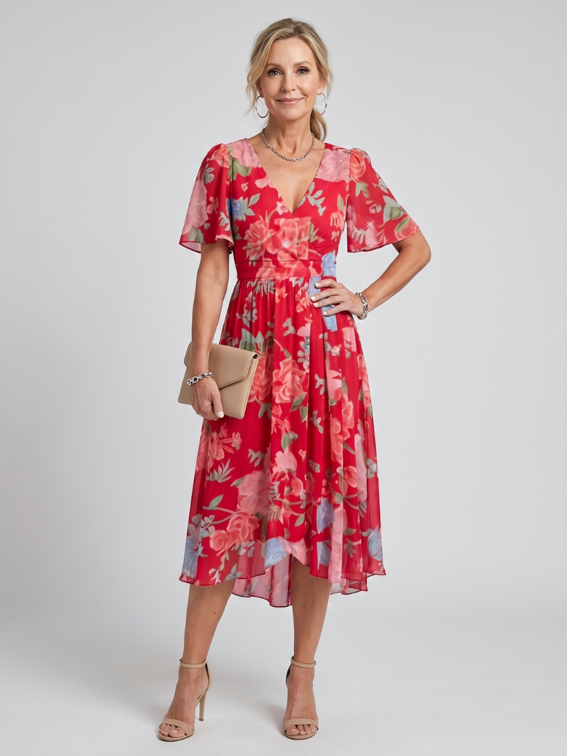 Mirabel - Flutter Sleeve Gathered Waist Floral Print Midi Dress