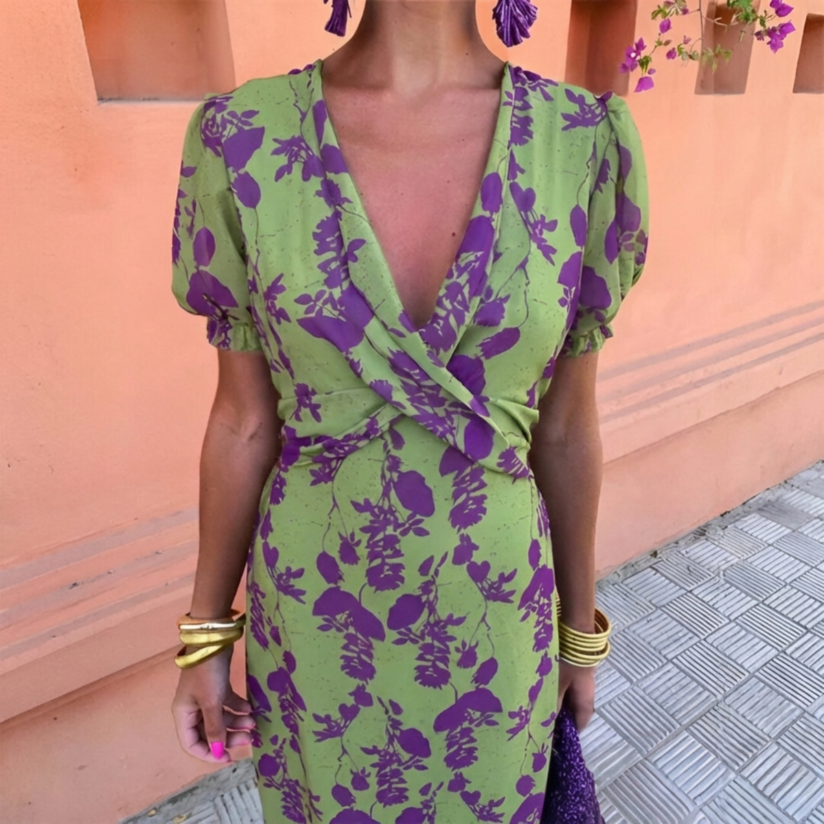 Ernestina - Long Floral Green Dress
