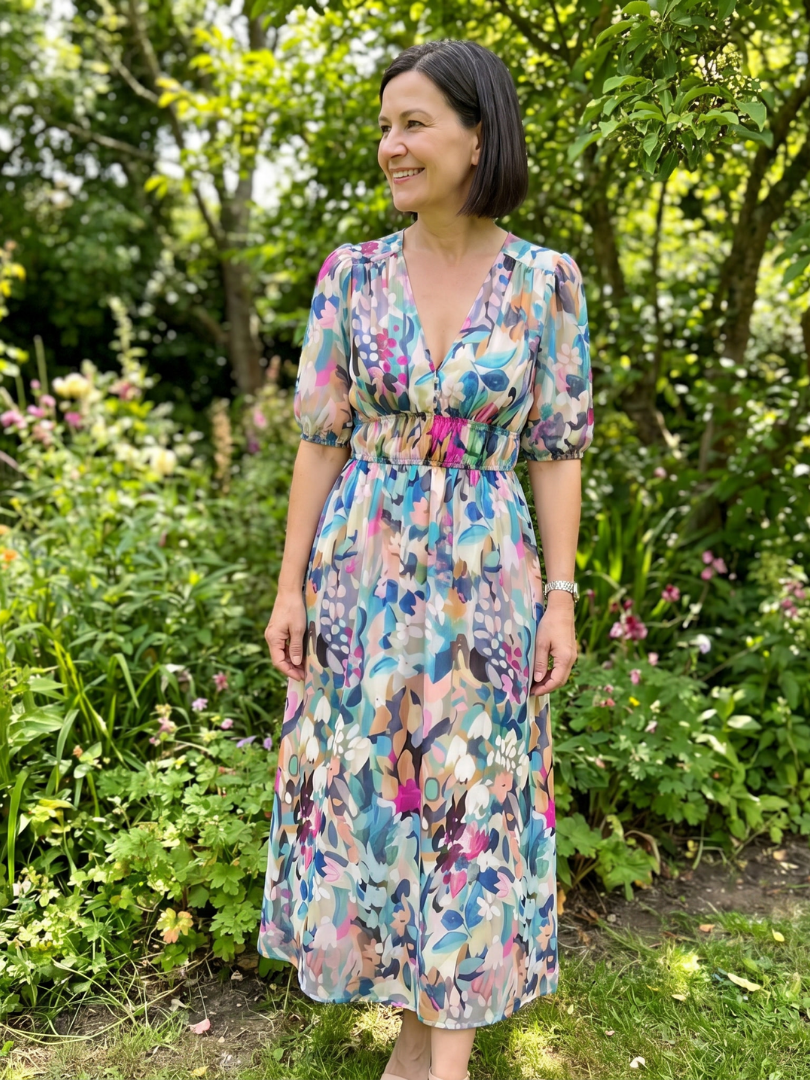 Candlia - Puff Sleeve V Neck Abstract Print Midi Dress