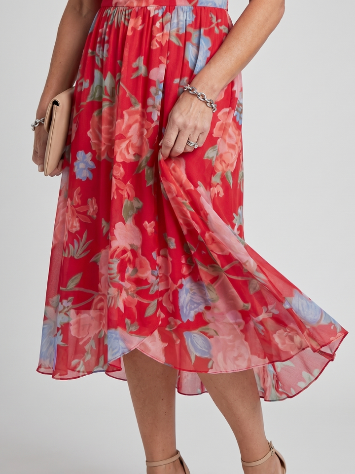 Mirabel - Flutter Sleeve Gathered Waist Floral Print Midi Dress