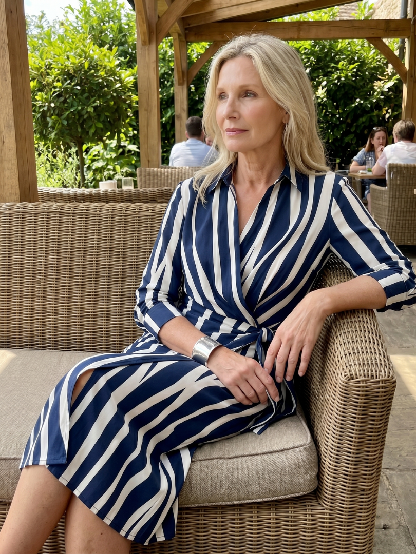 Leya - Long Sleeve Collared Wrap Stripe Pattern Midi Dress