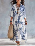 Dahlia - Bohemian Blue Floral Button-Down Tiered Maxi Dress