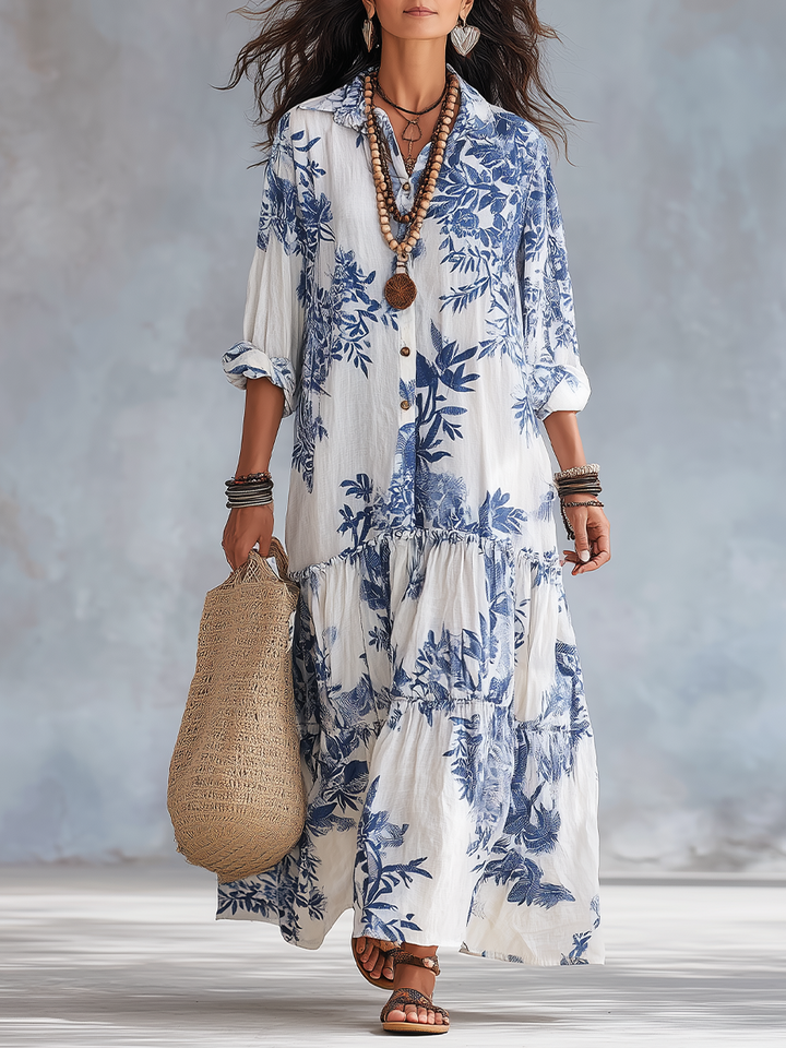 Dahlia - Bohemian Blue Floral Button-Down Tiered Maxi Dress
