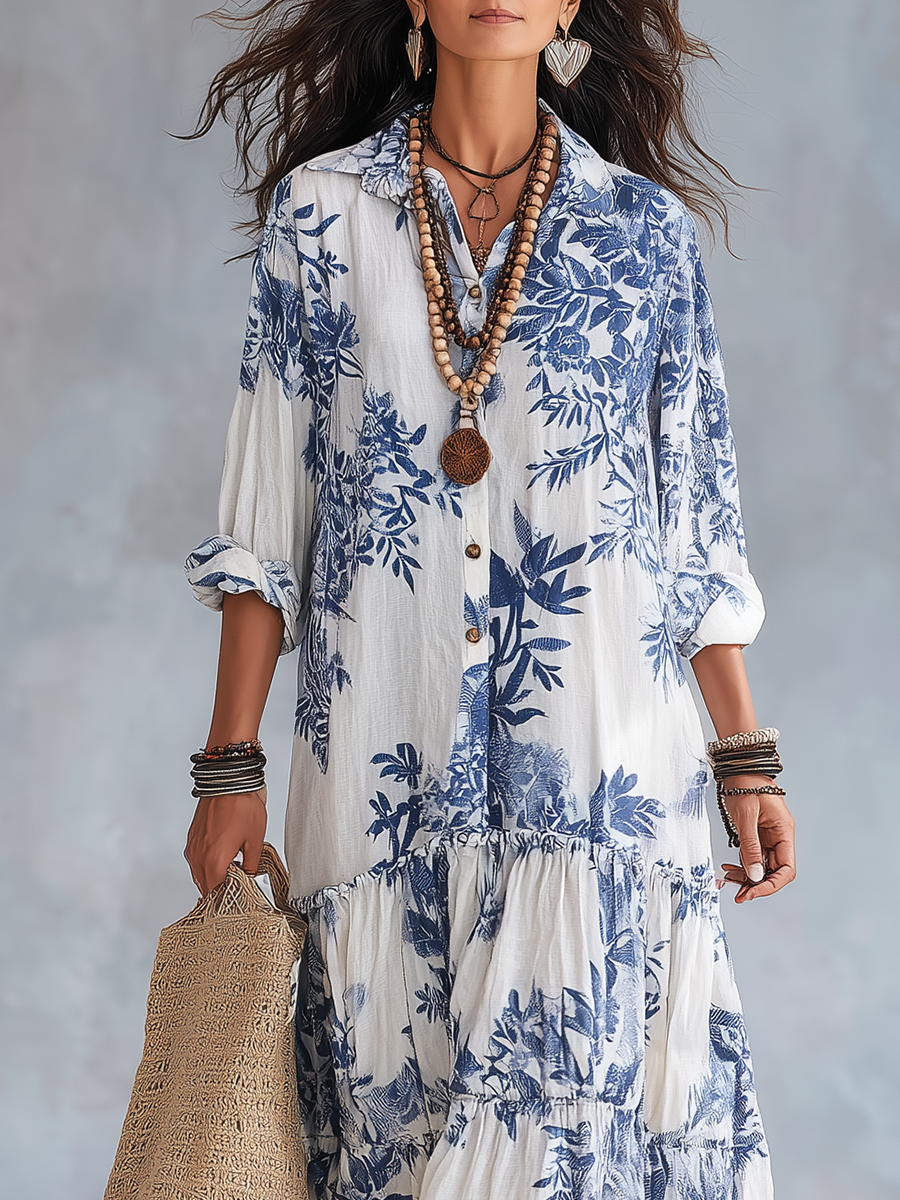 Dahlia - Bohemian Blue Floral Button-Down Tiered Maxi Dress