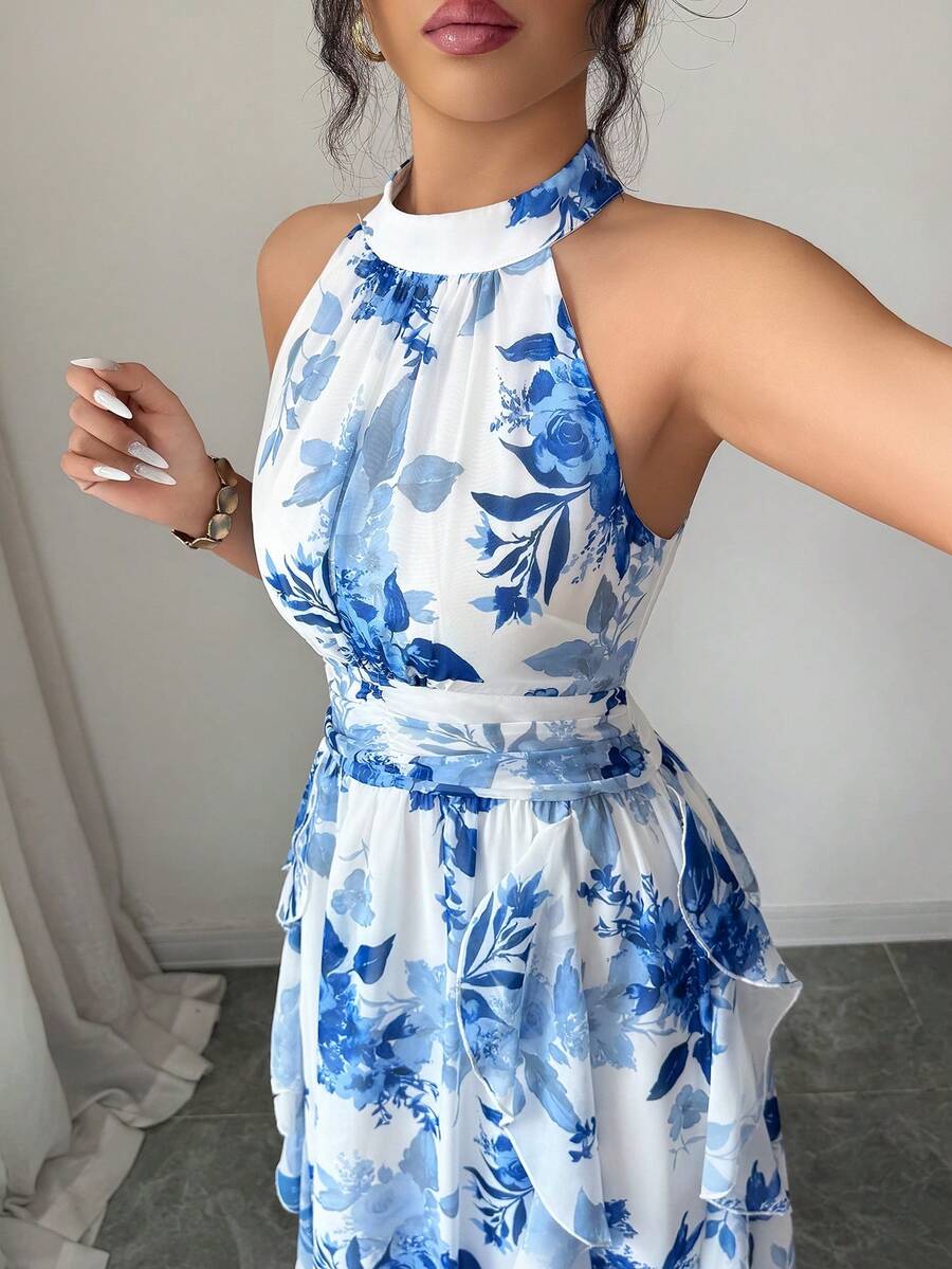 Felicity - Halter Neck Floral Ruffle Maxi Dress
