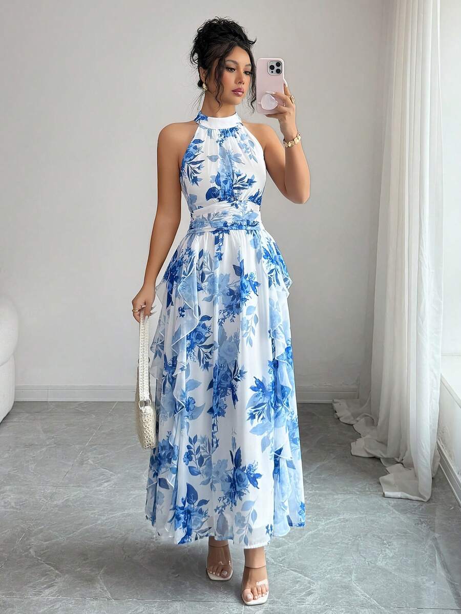 Felicity - Halter Neck Floral Ruffle Maxi Dress