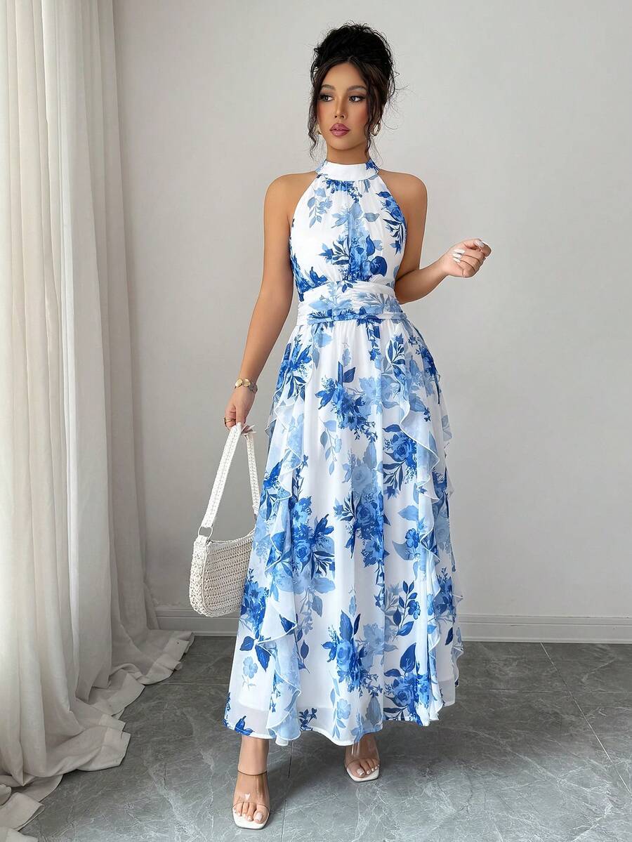 Felicity - Halter Neck Floral Ruffle Maxi Dress