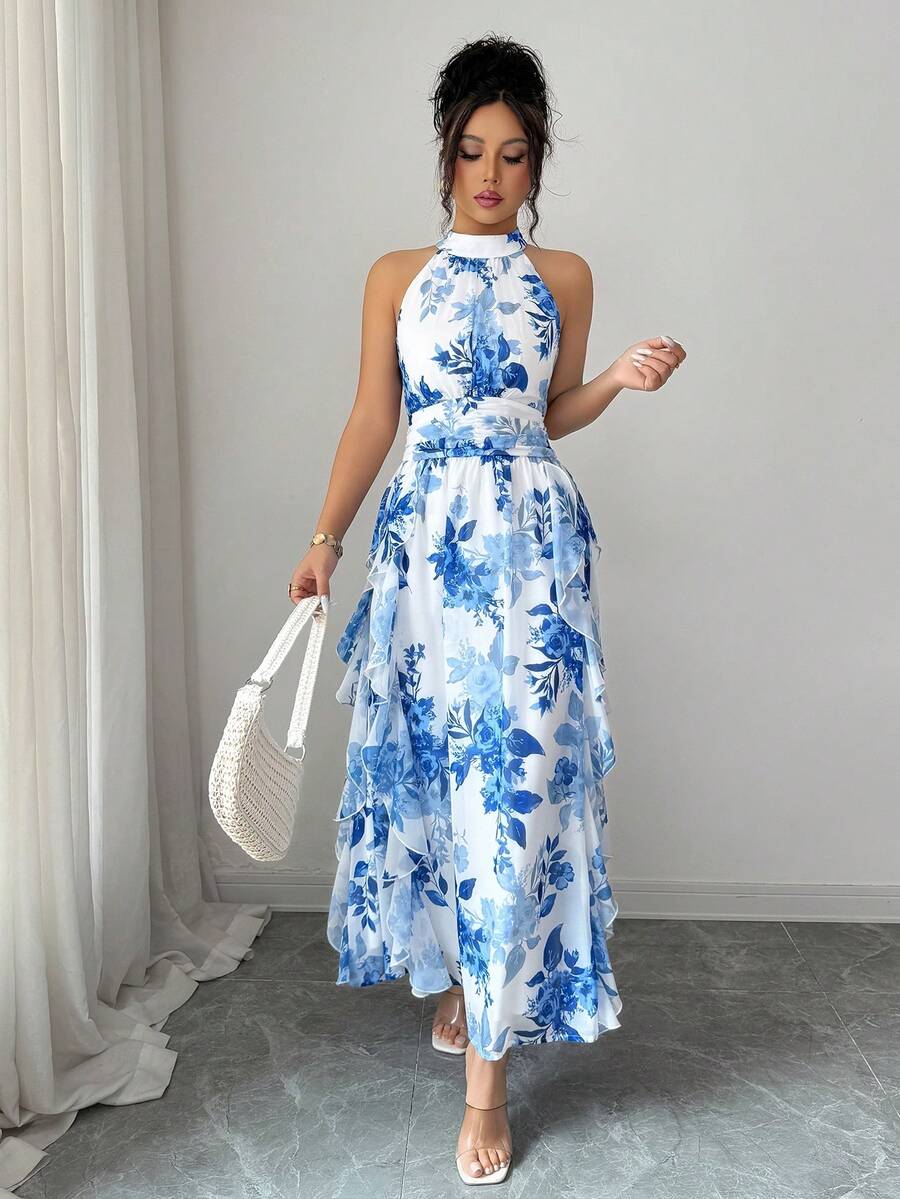 Felicity - Halter Neck Floral Ruffle Maxi Dress
