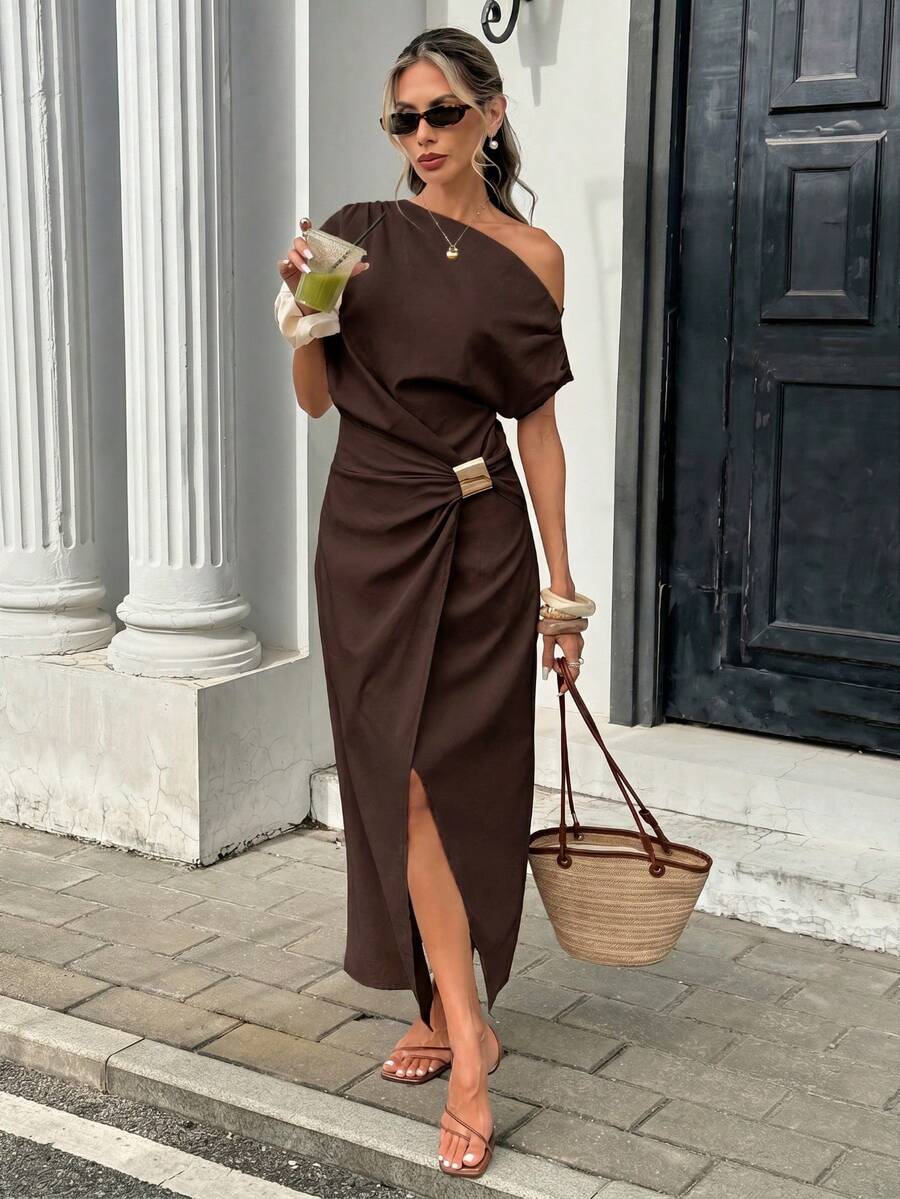 Serise - Off Shoulder Buckle Wrap Maxi Dress