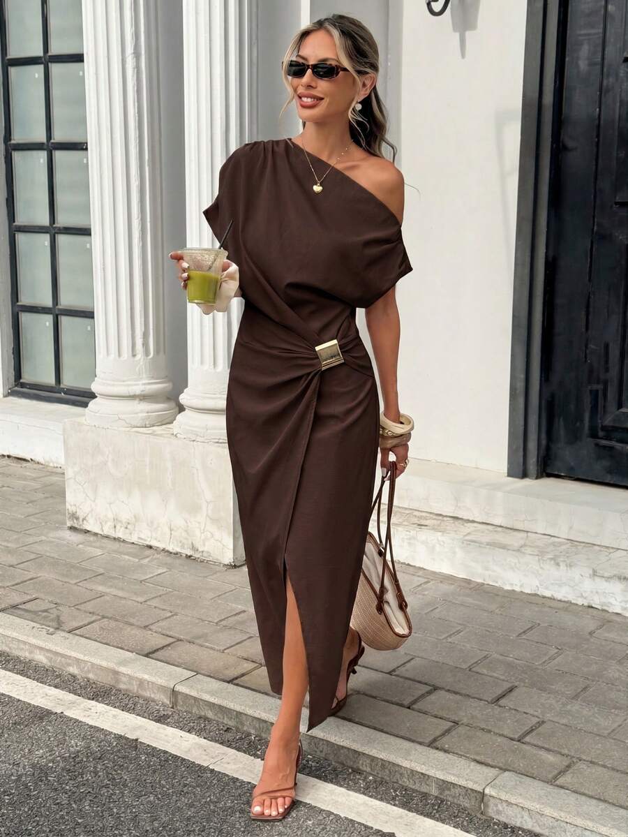 Serise - Off Shoulder Buckle Wrap Maxi Dress