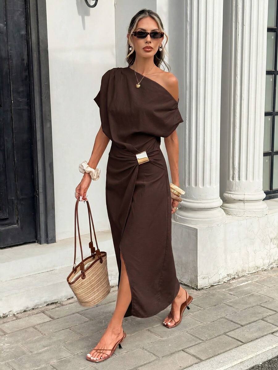 Serise - Off Shoulder Buckle Wrap Maxi Dress