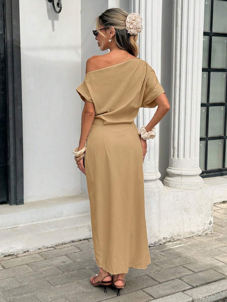 Serise - Off Shoulder Buckle Wrap Maxi Dress