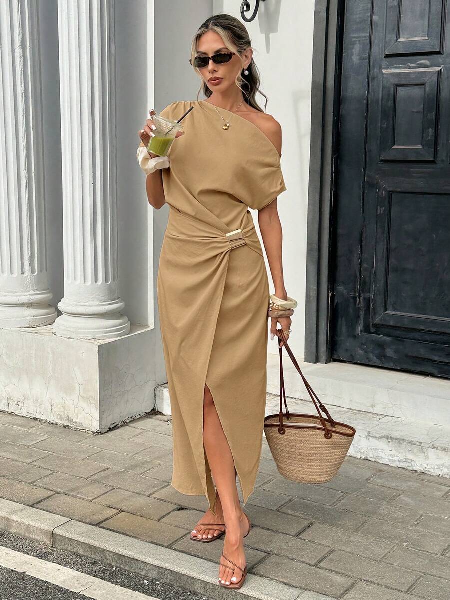 Serise - Off Shoulder Buckle Wrap Maxi Dress