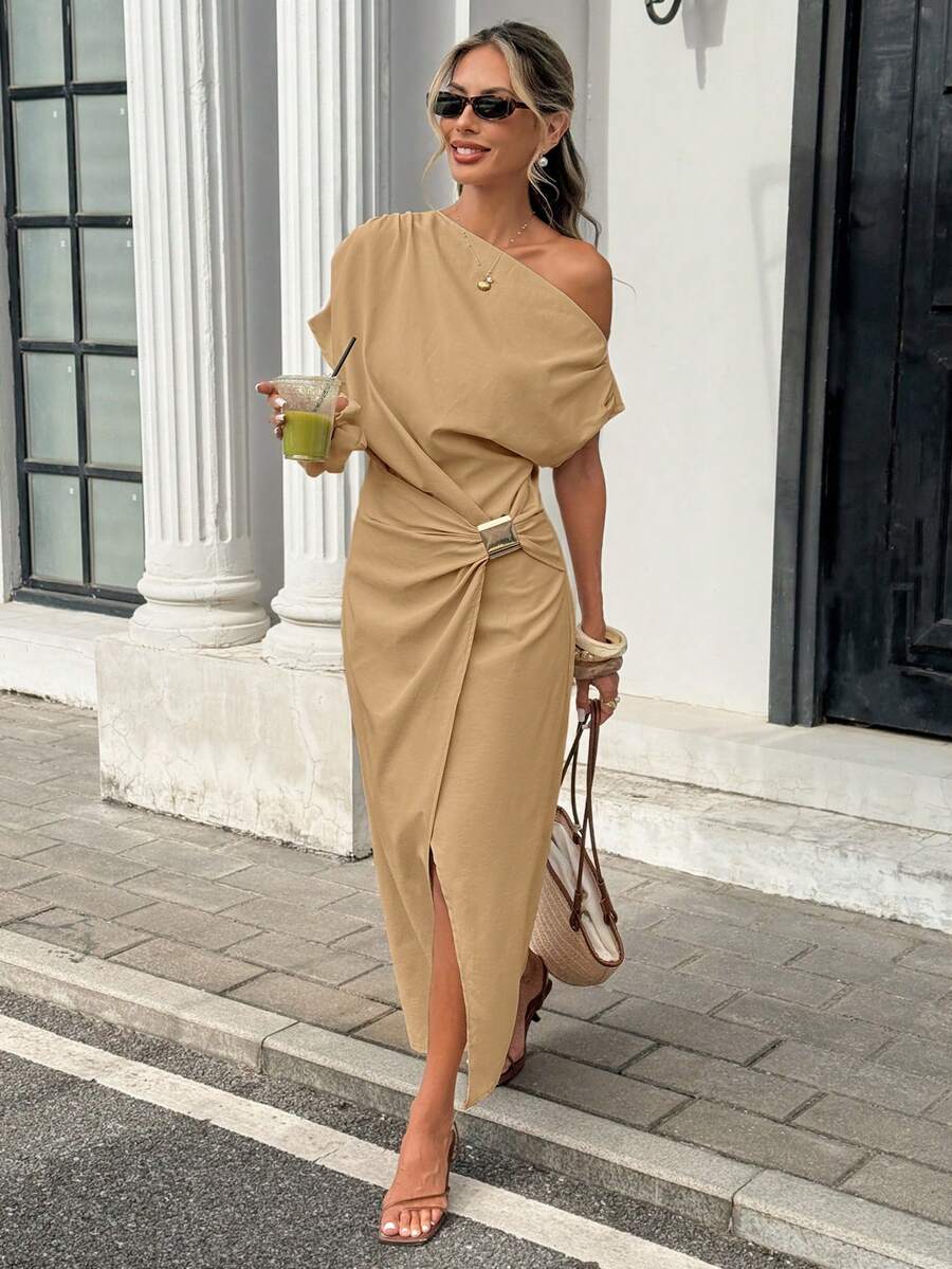 Serise - Off Shoulder Buckle Wrap Maxi Dress