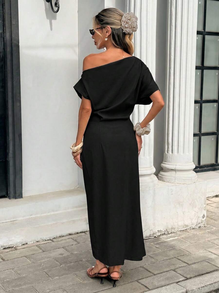 Serise - Off Shoulder Buckle Wrap Maxi Dress