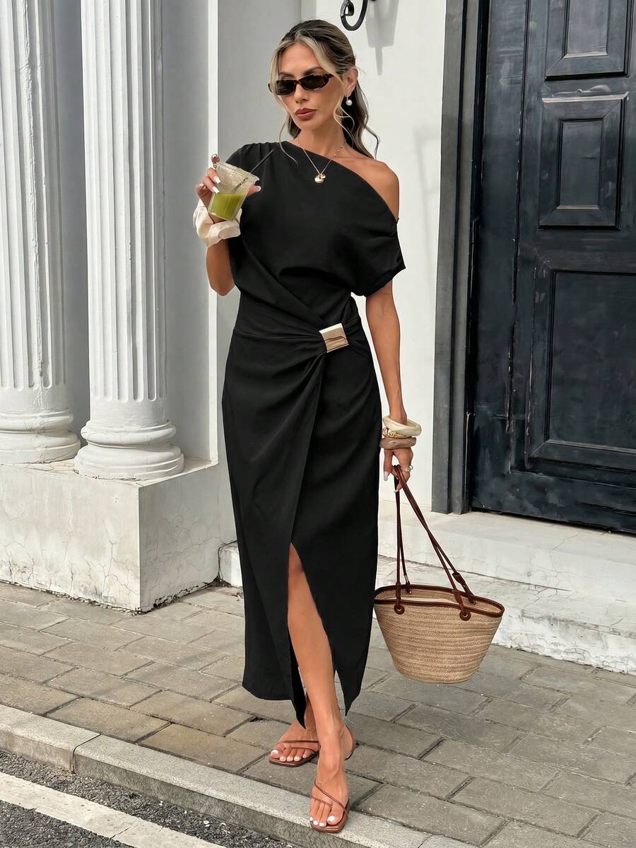 Serise - Off Shoulder Buckle Wrap Maxi Dress