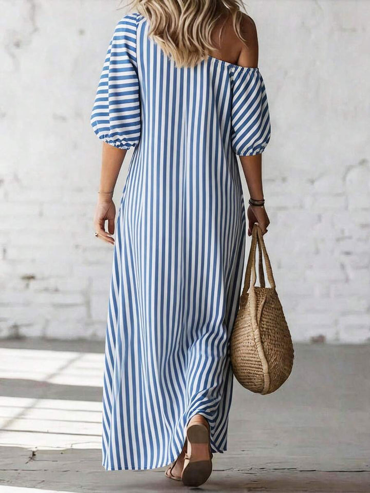 Layla - Striped Off Shoulder Puff Sleeve Maxi Dress
