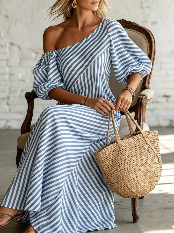 Layla - Striped Off Shoulder Puff Sleeve Maxi Dress
