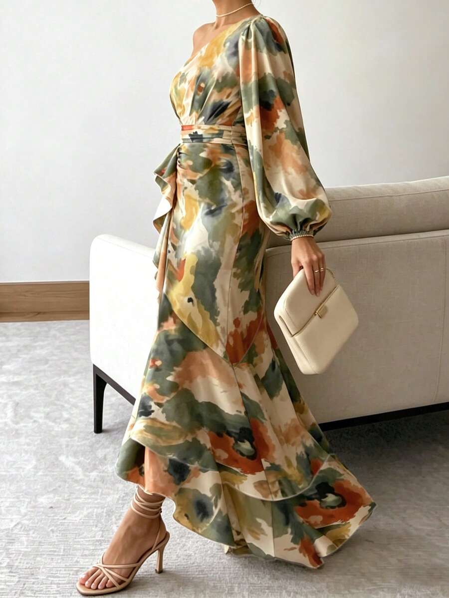 Joya - One Shoulder Print Maxi Dress with Ruffle Hem