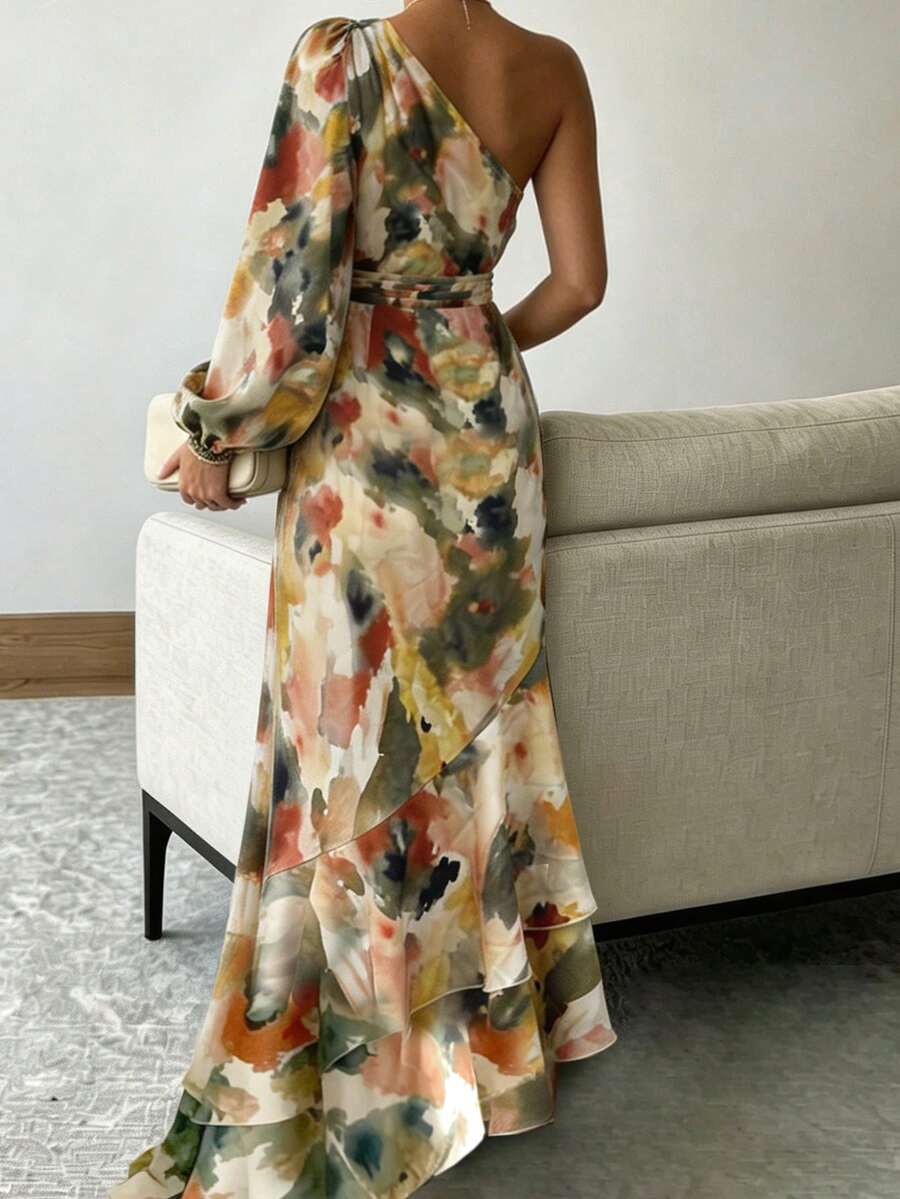Joya - One Shoulder Print Maxi Dress with Ruffle Hem