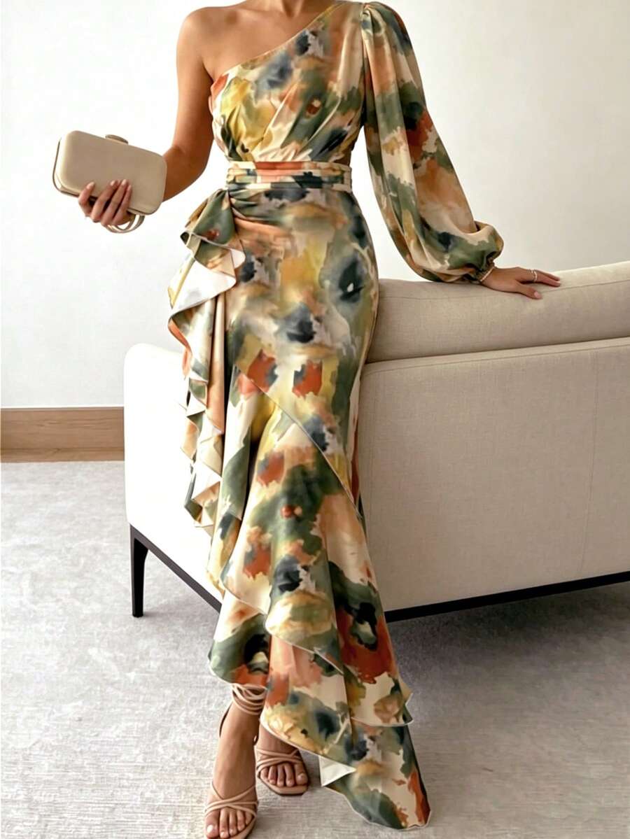 Joya - One Shoulder Print Maxi Dress with Ruffle Hem