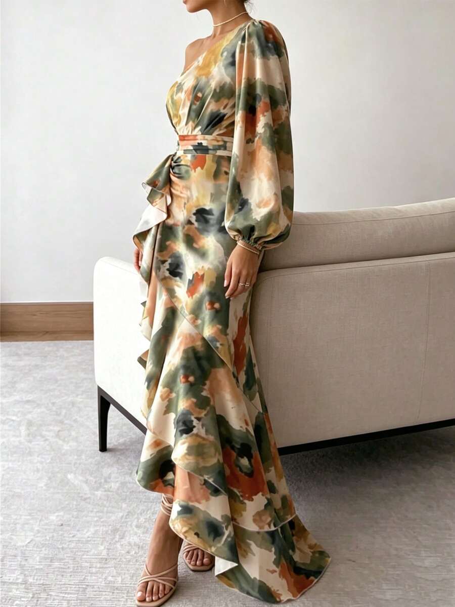 Joya - One Shoulder Print Maxi Dress with Ruffle Hem