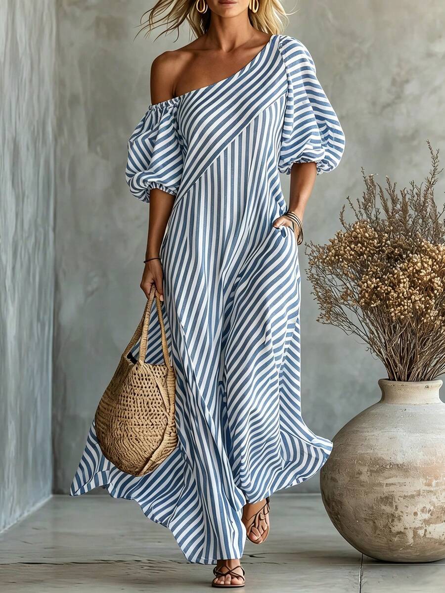Layla - Striped Off Shoulder Puff Sleeve Maxi Dress