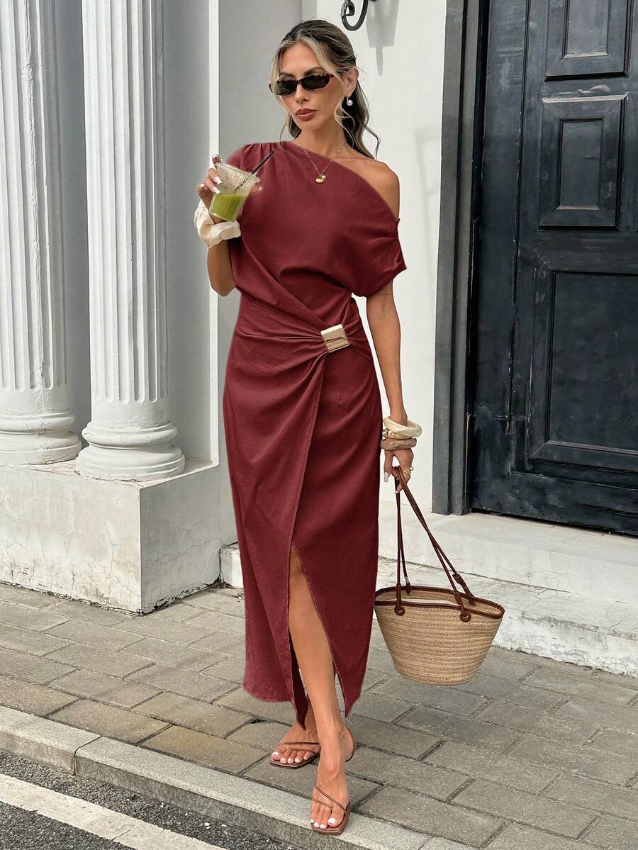 Serise - Off Shoulder Buckle Wrap Maxi Dress