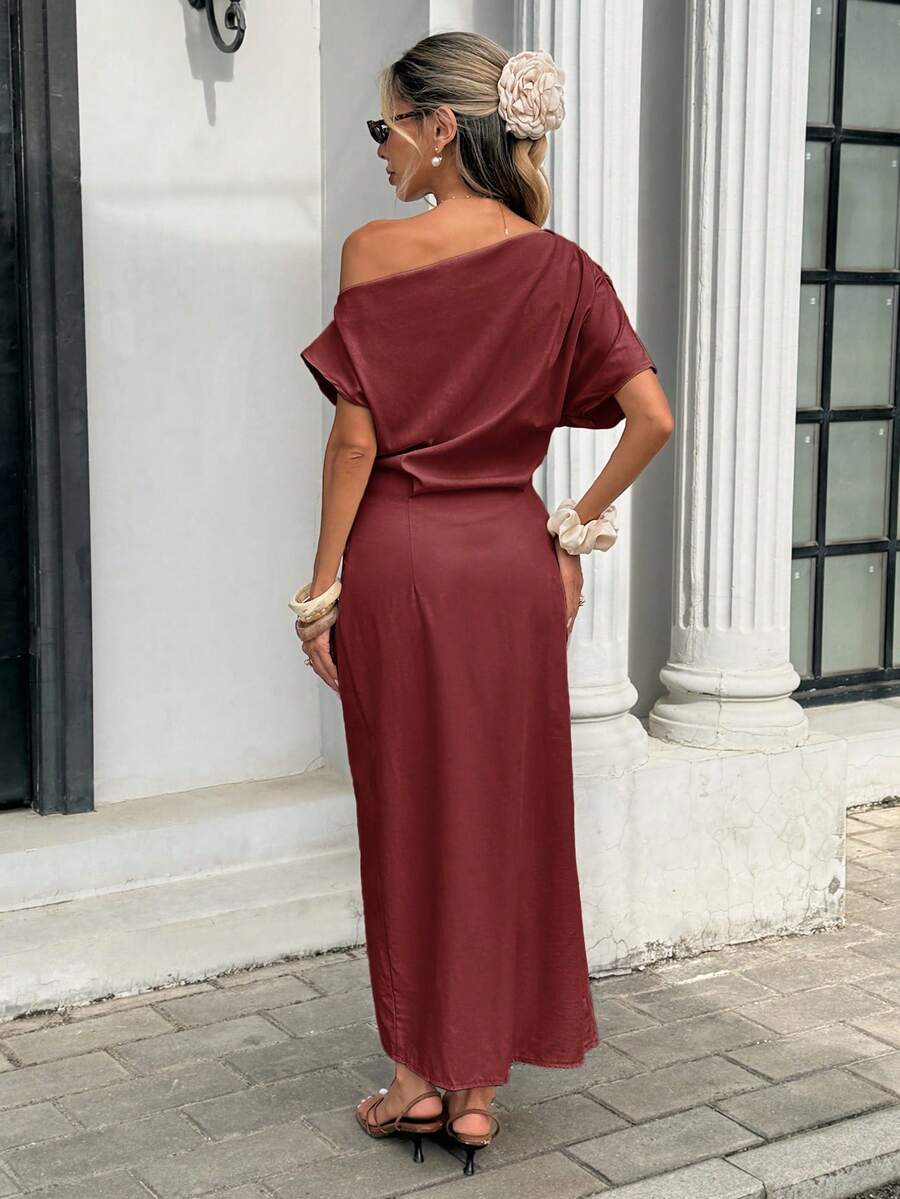 Serise - Off Shoulder Buckle Wrap Maxi Dress