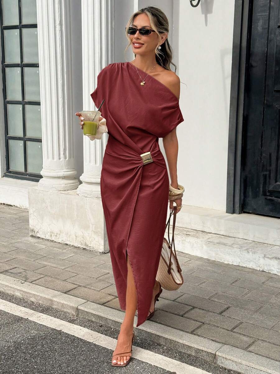 Serise - Off Shoulder Buckle Wrap Maxi Dress