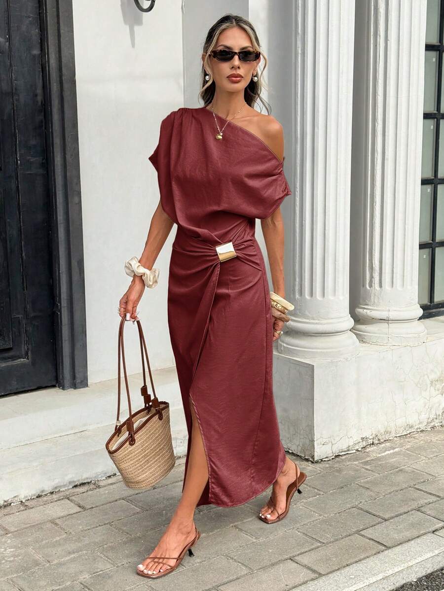 Serise - Off Shoulder Buckle Wrap Maxi Dress