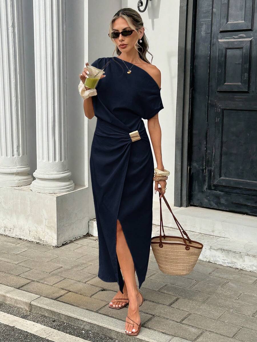 Serise - Off Shoulder Buckle Wrap Maxi Dress