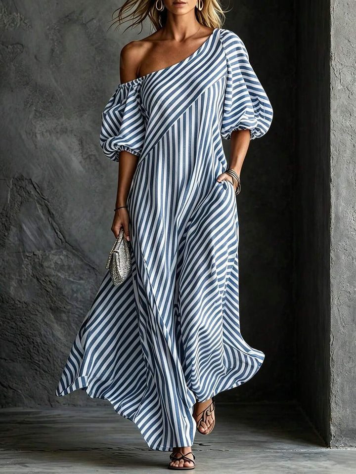 Layla - Striped Off Shoulder Puff Sleeve Maxi Dress