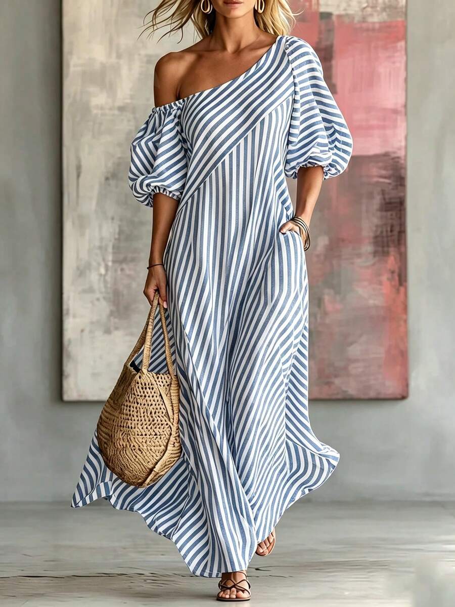 Layla - Striped Off Shoulder Puff Sleeve Maxi Dress