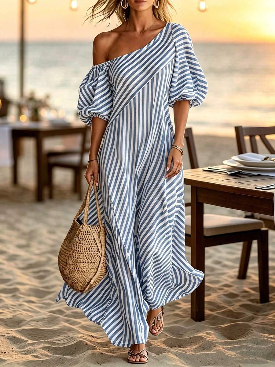 Layla - Striped Off Shoulder Puff Sleeve Maxi Dress
