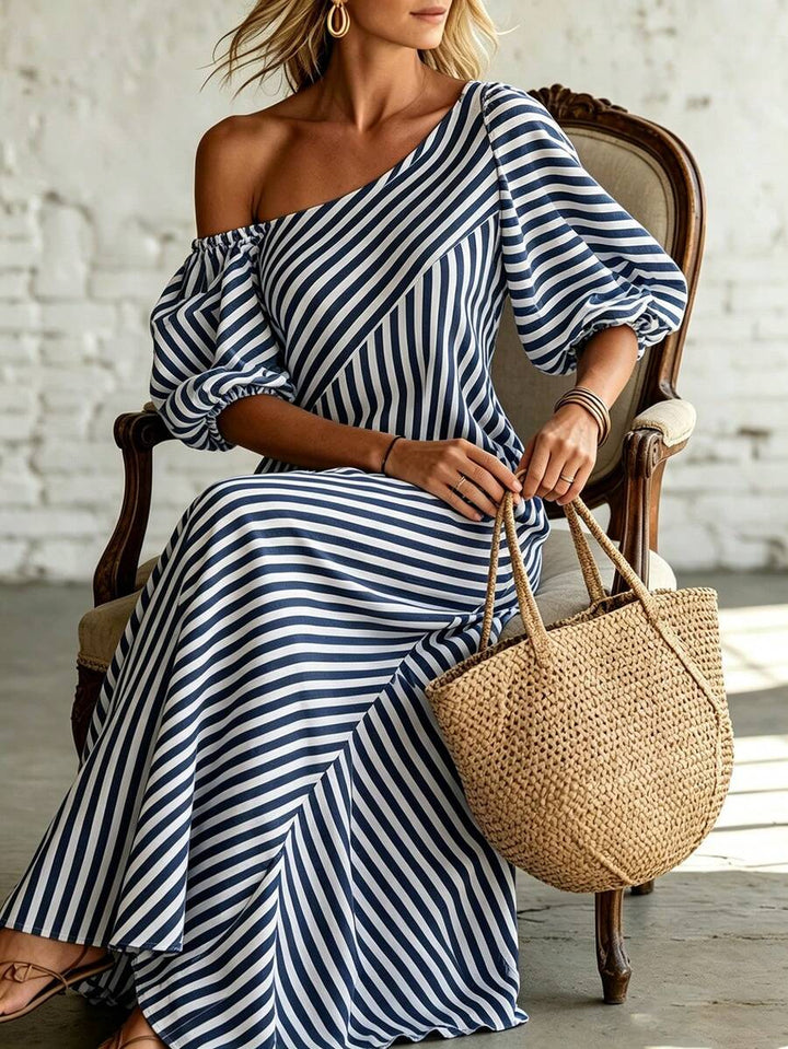 Layla - Striped Off Shoulder Puff Sleeve Maxi Dress