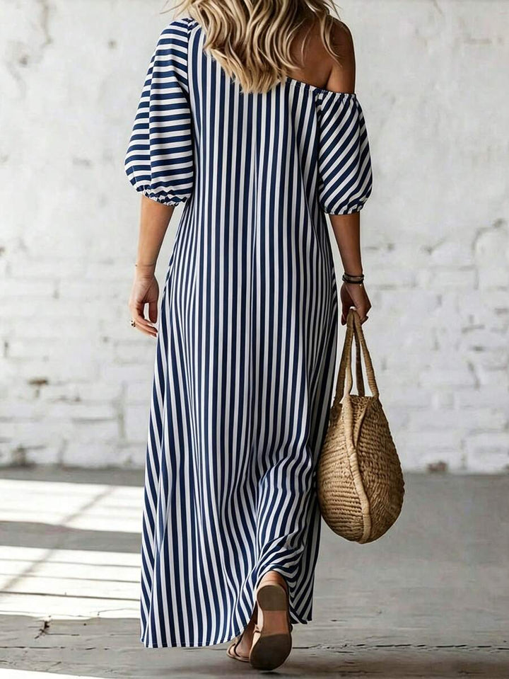 Layla - Striped Off Shoulder Puff Sleeve Maxi Dress