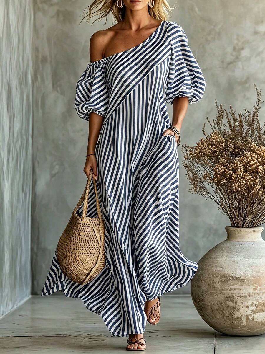 Layla - Striped Off Shoulder Puff Sleeve Maxi Dress
