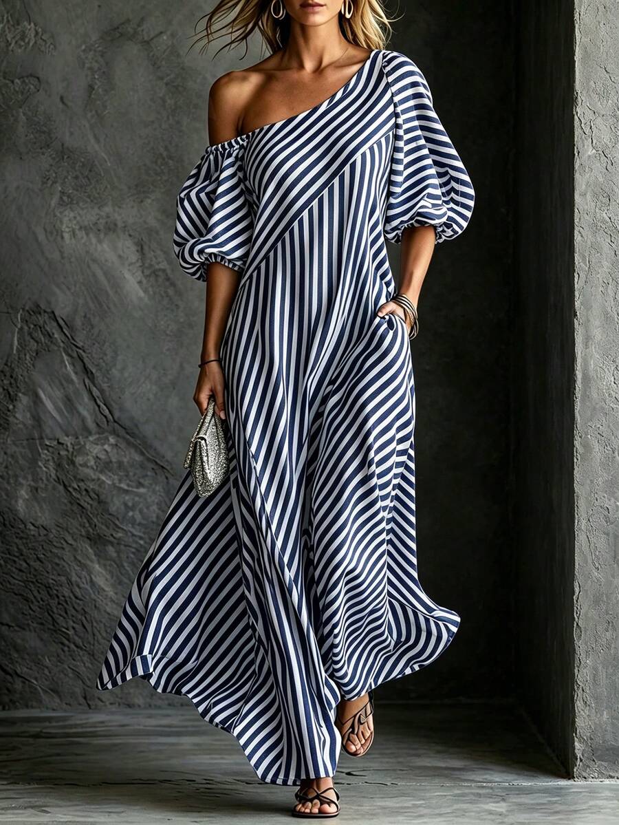 Layla - Striped Off Shoulder Puff Sleeve Maxi Dress